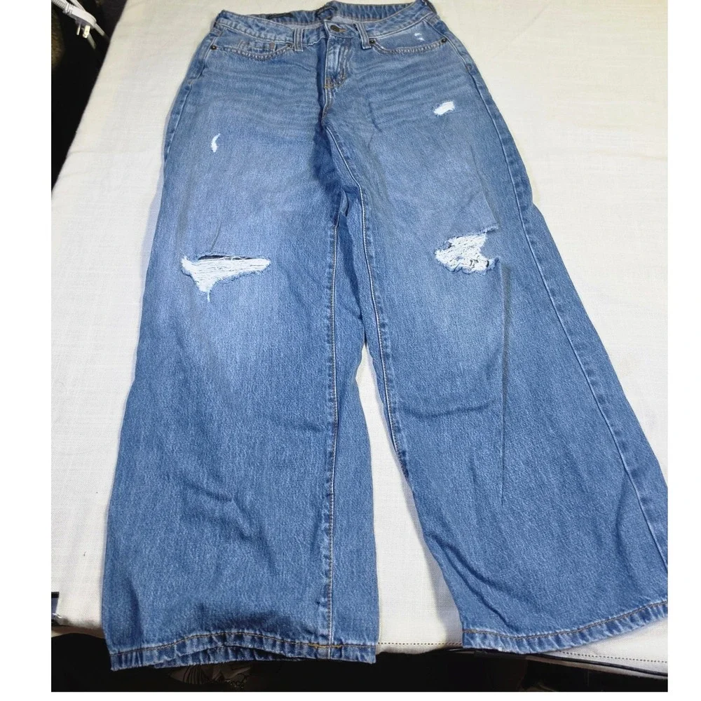 Wild Fable Distressed Wide Leg Jeans Medium Wash Blue Denim Size 6/28R